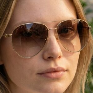 Gucci Designer Pilot Side Logo Tan Gold Sunglasses Women Japan